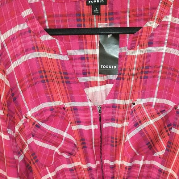 TORRID Plus Size  Zip Front Plaid Pink Stretch Challis Shirt Dress - Picture 3 of 16